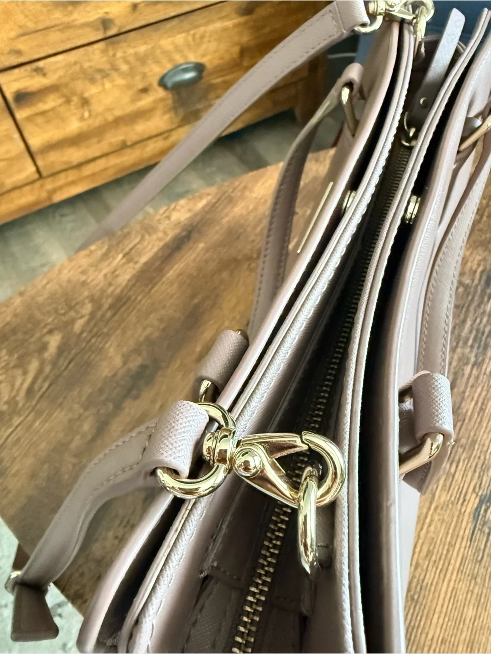 kate spade taupe mauve leather satchel with gold hardware
